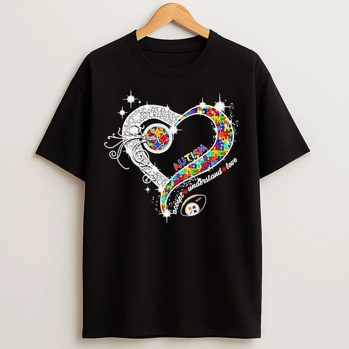 Classic Pittsburgh Steelers Autism Accept Understand Love Diamond Heart T Shirts