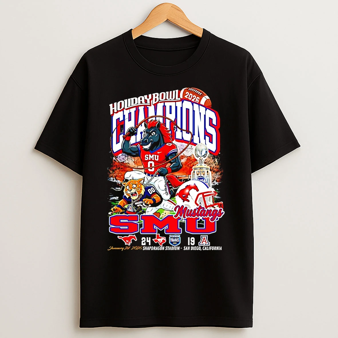 Classic Smu Mustangs Football 2026 Holiday Bowl Champions 24 19 Score Mascot T Shirts