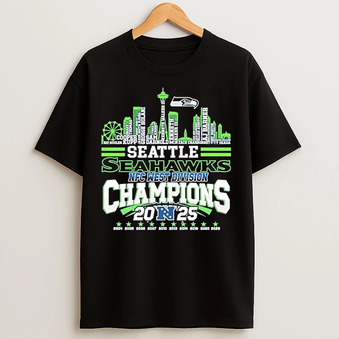 Classic Seattle Seahawks 2025 Nfc West Division Champions Players Names Skyline T Shirts