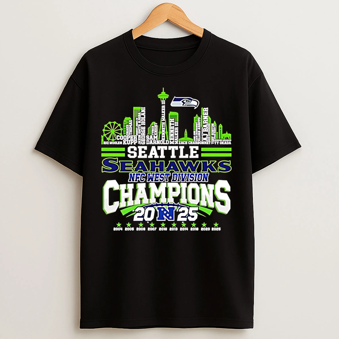 Classic Seattle Seahawks 2025 Nfc West Division Champions Typo Skyline T Shirts