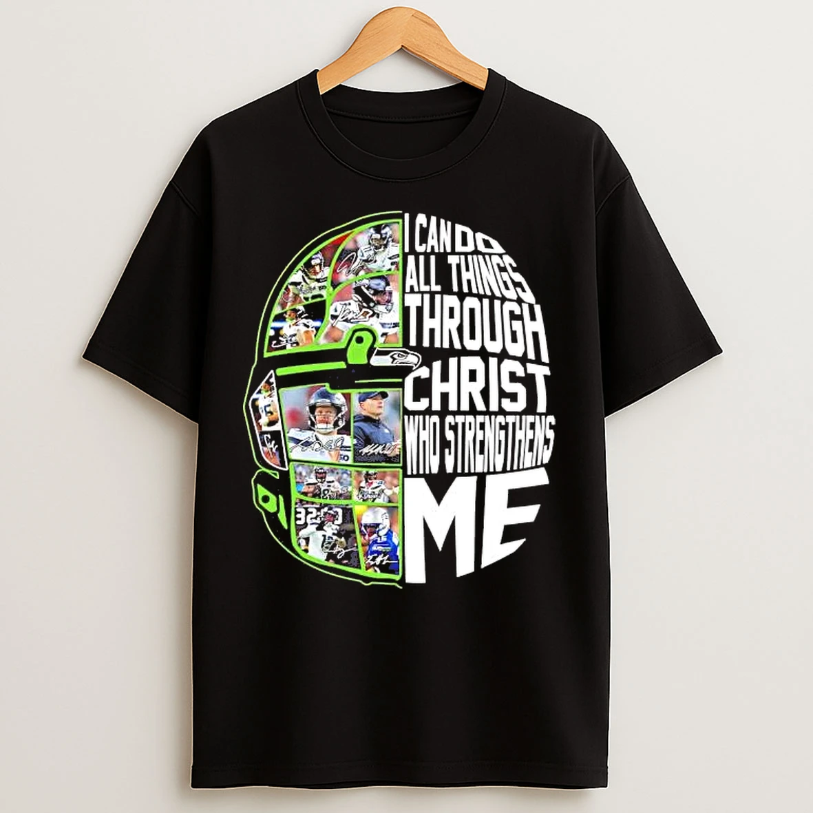 Classic Seattle Seahawks Helmet I Can Do All Things Through Christ Team Players T Shirts