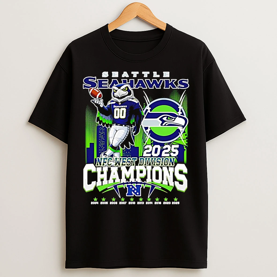 Classic Seattle Seahawks Mascot 2025 Nfc West Division Champions Skyline T Shirts