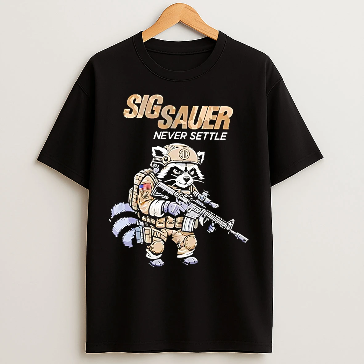 Classic Sig Sauer Never Settle Raccoon Camo T Shirts