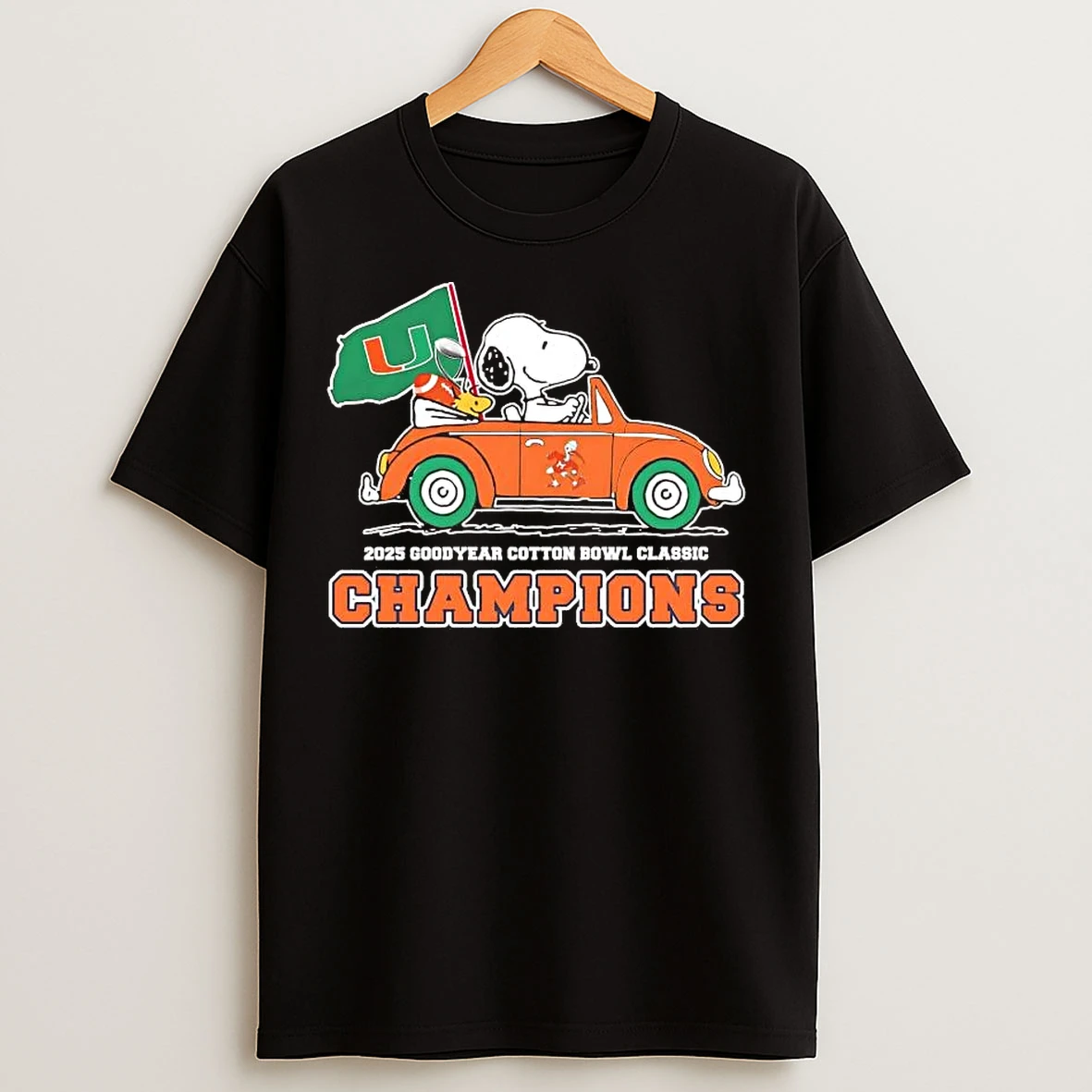 Classic Snoopy And Woodstock Miami Hurricanes 2025 Cotton Bowl Champions T Shirts