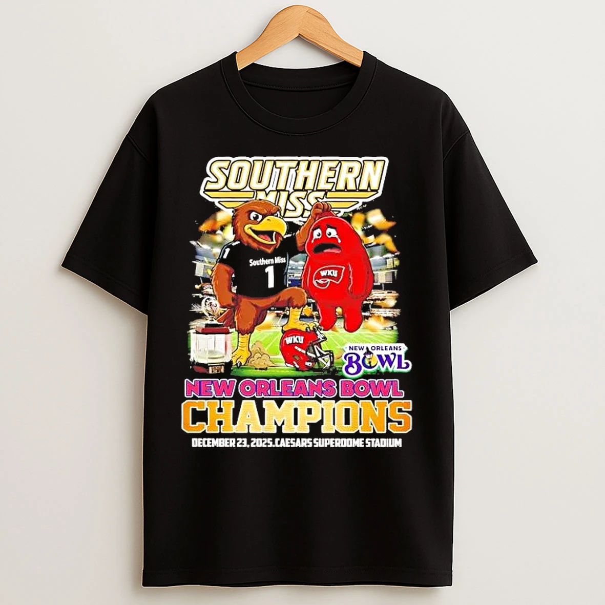 Classic Southern Miss Beat Wku 2025 New Orleans Bowl Champions Mascot T Shirts