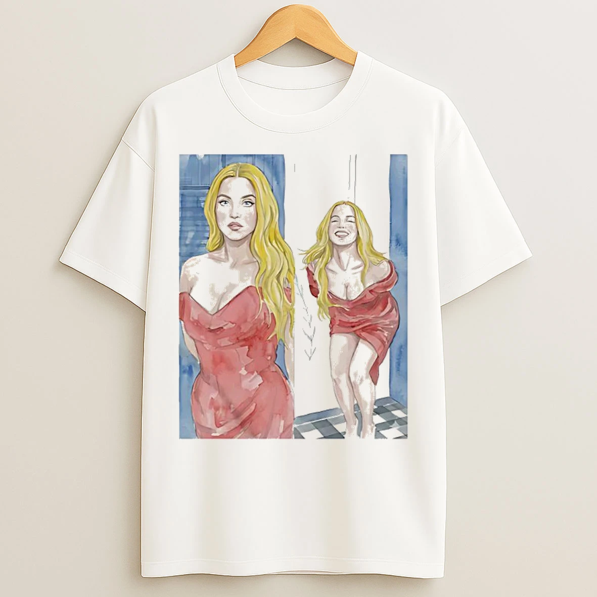 Classic Sydney Sweeney In Red Dress Watercolor Art T Shirts