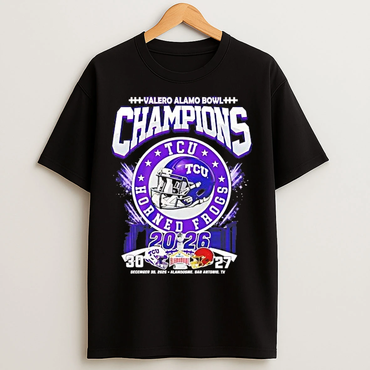 Classic Tcu Horned Frogs 2026 Valero Alamo Bowl Champions Helmet T Shirts