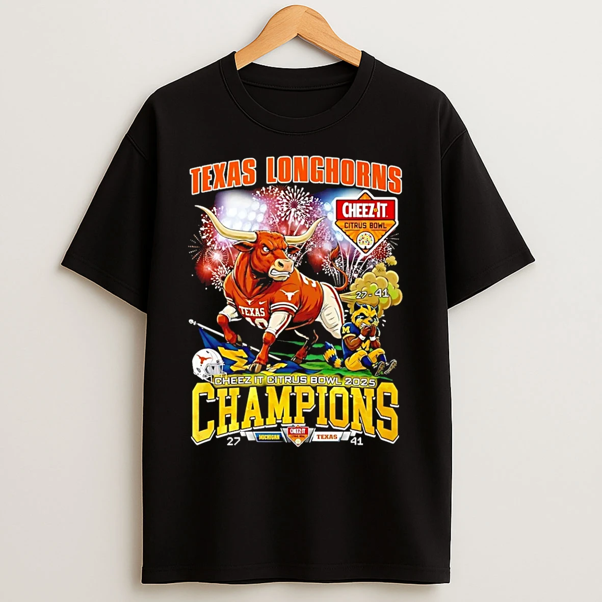 Classic Texas Longhorns 2025 Cheez It Citrus Bowl Champions 27 41 Score Mascot T Shirts