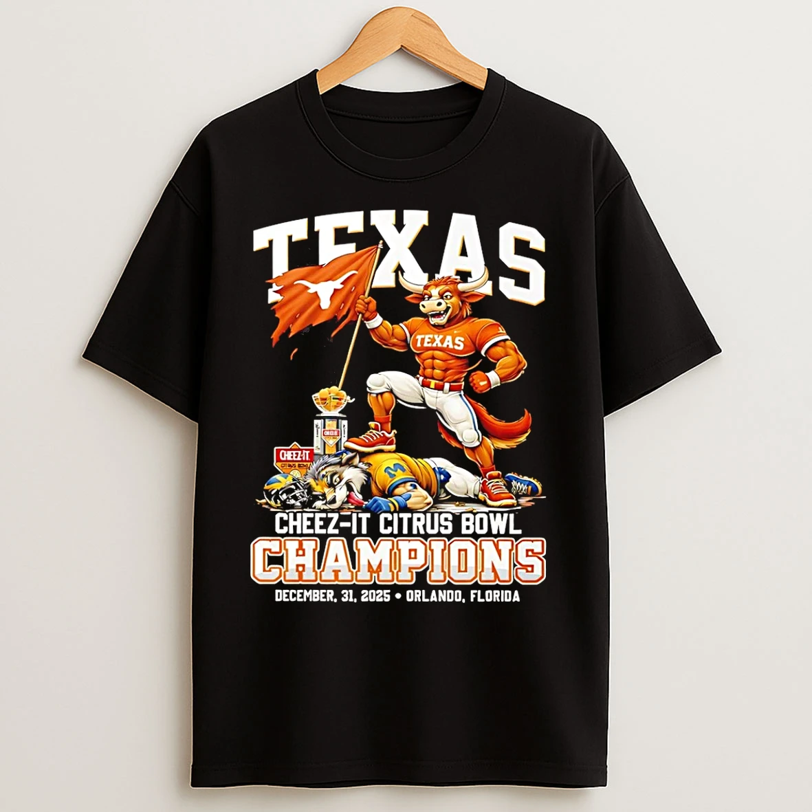 Classic Texas Longhorns Cheez It Citrus Bowl Champions 2025 Beat Michigan Score Mascot T Shirts