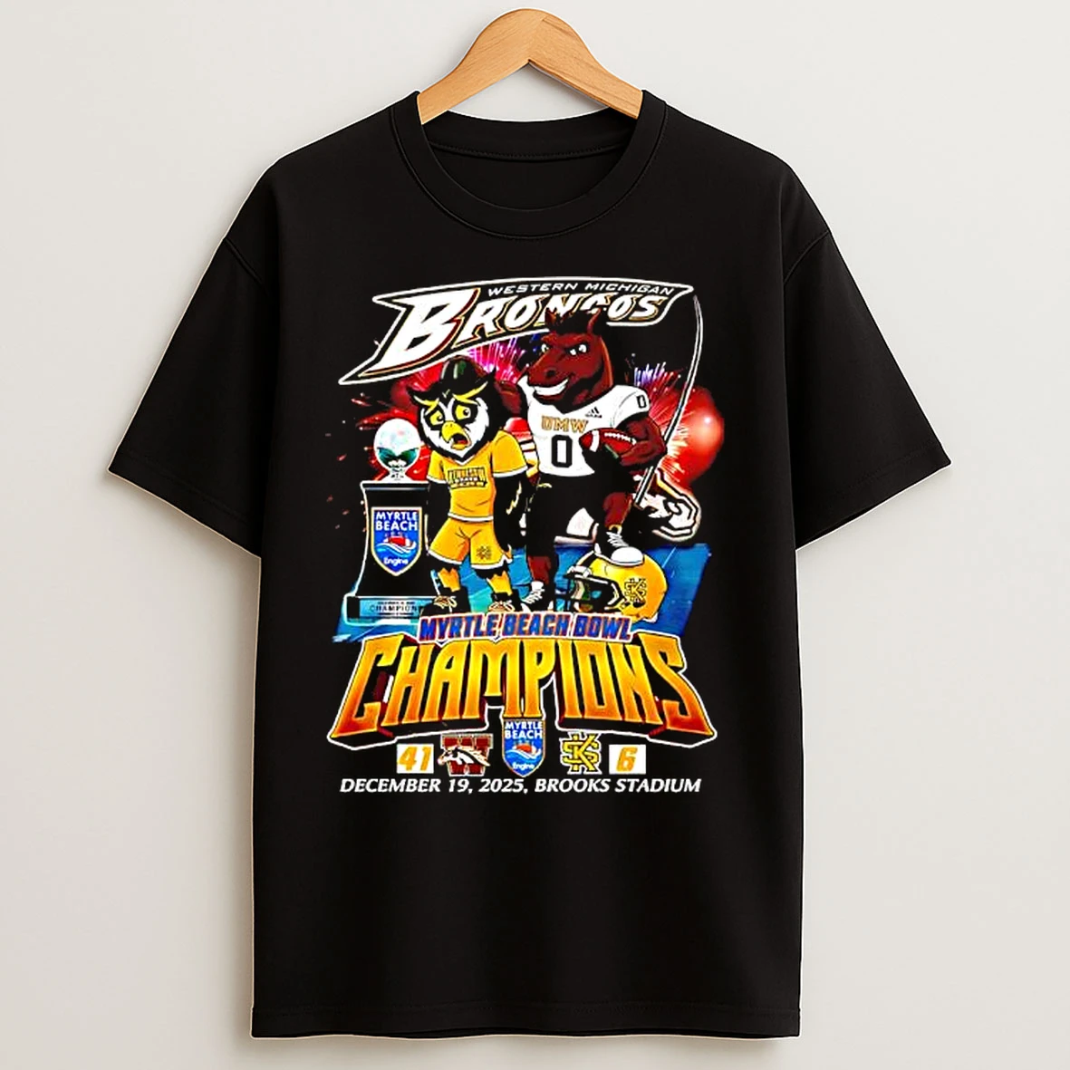 Classic Western Michigan Broncos 2025 Myrtle Beach Bowl Champions December 19th Brooks Stadium T Shirts