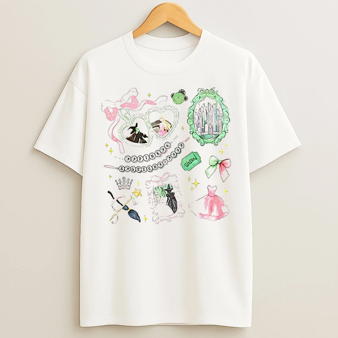 Classic Wizard Of Oz Coquette Bow Wicked Movie Inspired Pink And Green Vintage T Shirts