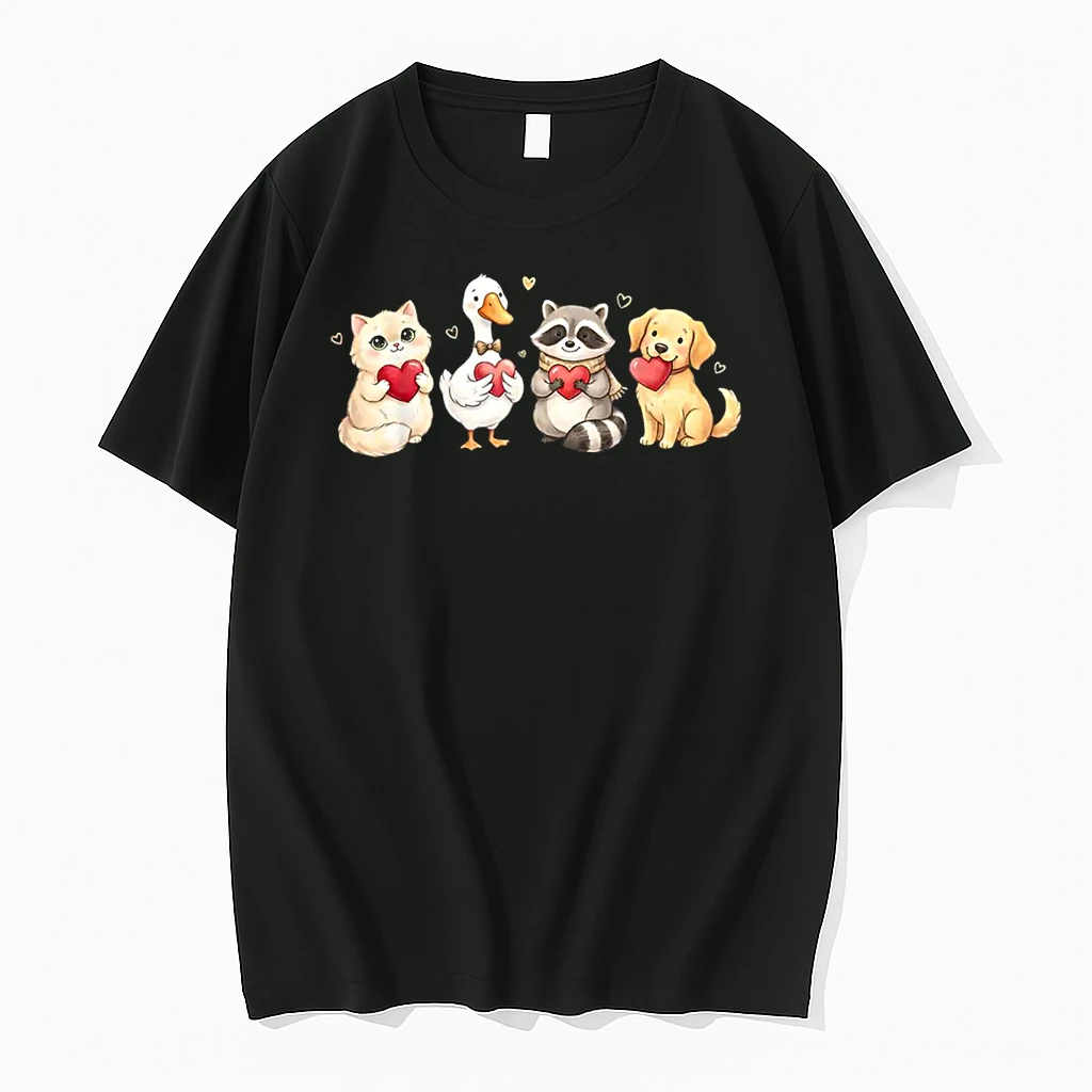 Cute Cat Dog Raccoon Goose Holding Hearts Valentine Lovers Shirts