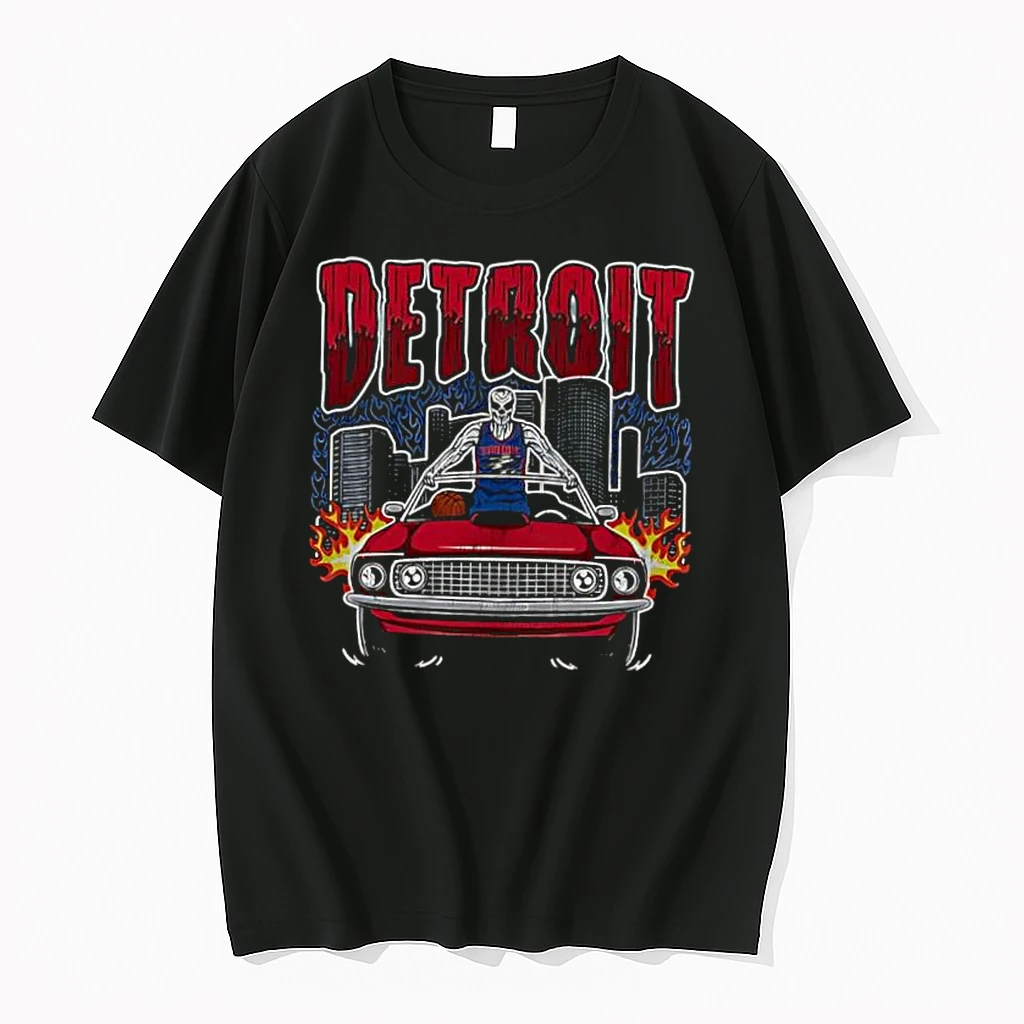 Detroit Basketball Skeleton On Car Skyline Shirts