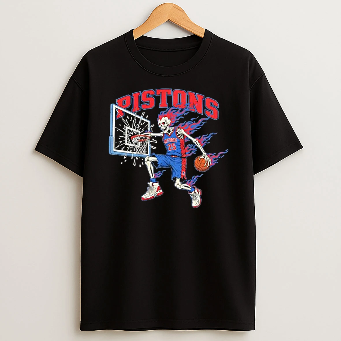 Detroit Pistons Mens Basketball Skeleton Player Fire Shirts