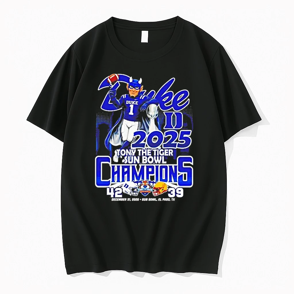 Duke Blue Devils 2025 Tony The Tiger Sun Bowl Champions Mascot Shirts