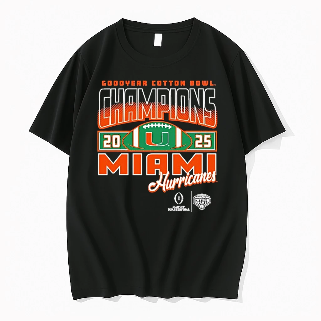 Goodyear Miami Hurricanes 2025 Mens Cotton Bowl Champions Shirts