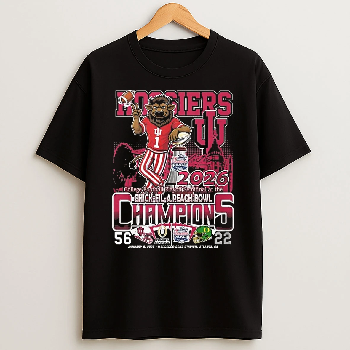 Indiana Hoosiers Bison Mascot With Trophy 2026 Cfp Semifinal At The Chick Fil A Peach Bowl Champions Score Shirts