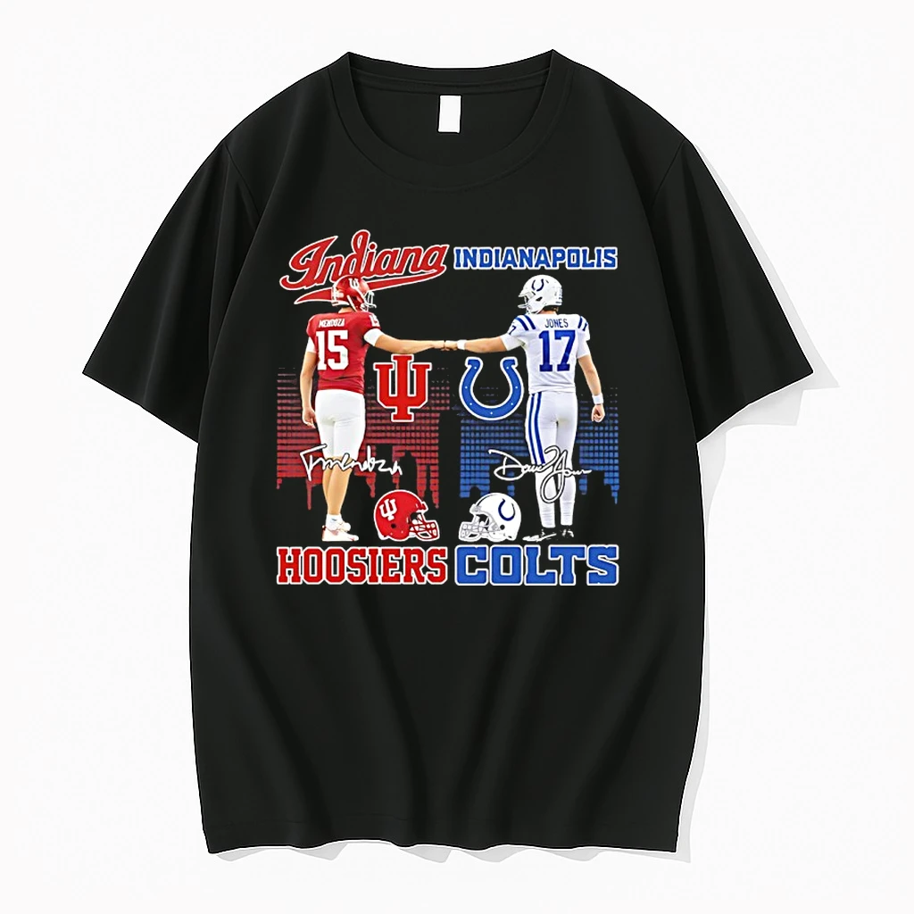 Indiana Hoosiers Fernando Mendoza And Indianapolis Colts Jones City Skyline Signatures Shirts