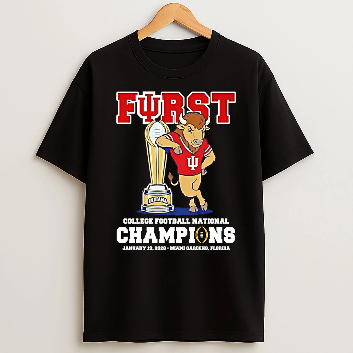 Indiana Hoosiers First 2026 Cfp National Champions Mascot Trophy Shirts