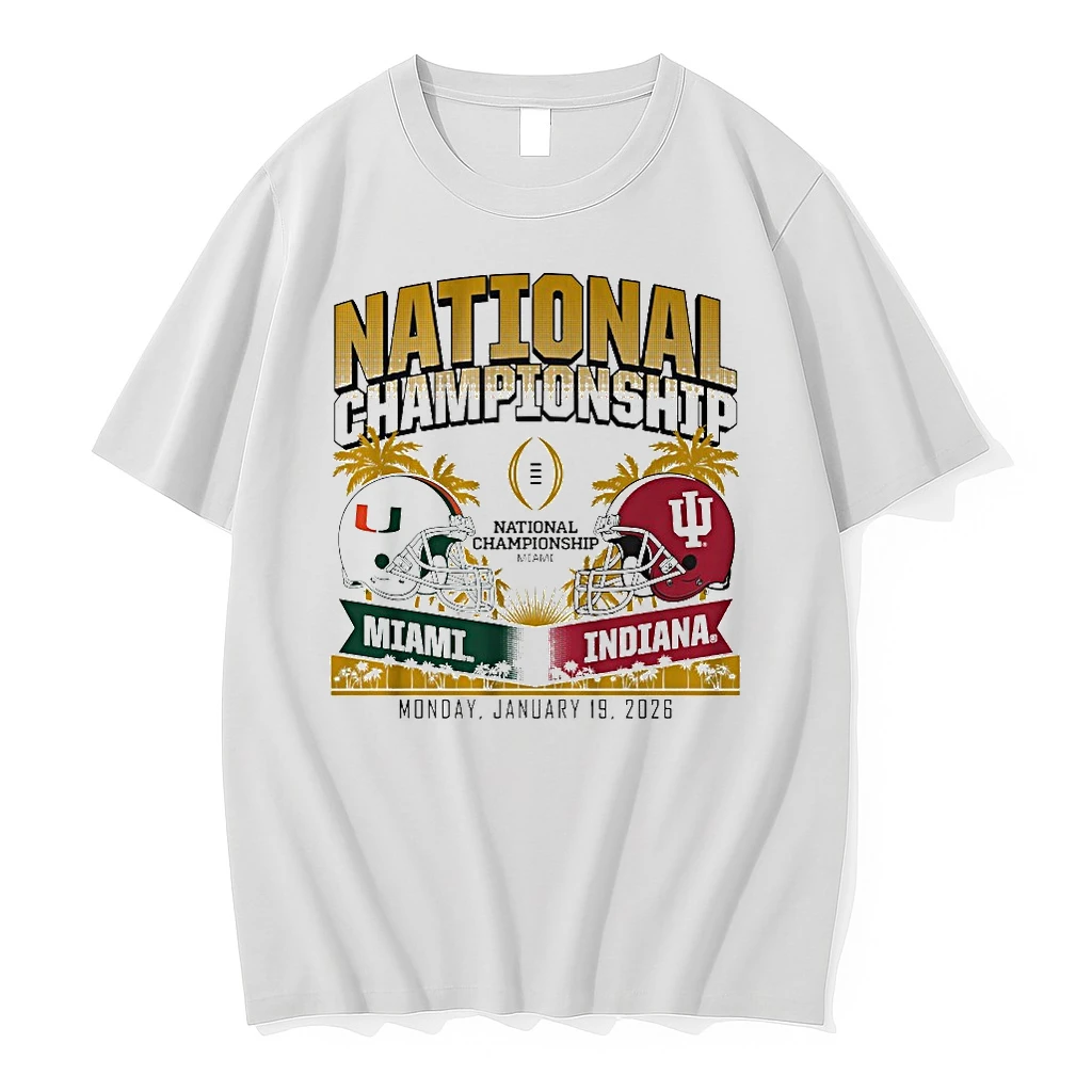 Indiana Hoosiers Miami Hurricanes Cfp National Championship Matchup Head To Head Helmet Gold Text Shirts