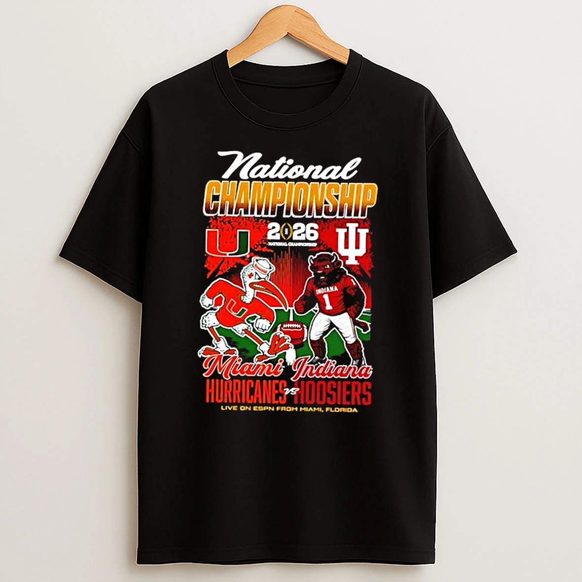 Indiana Hoosiers Vs Miami Hurricanes 2026 Cfp National Championship Mascot Match Up Shirts