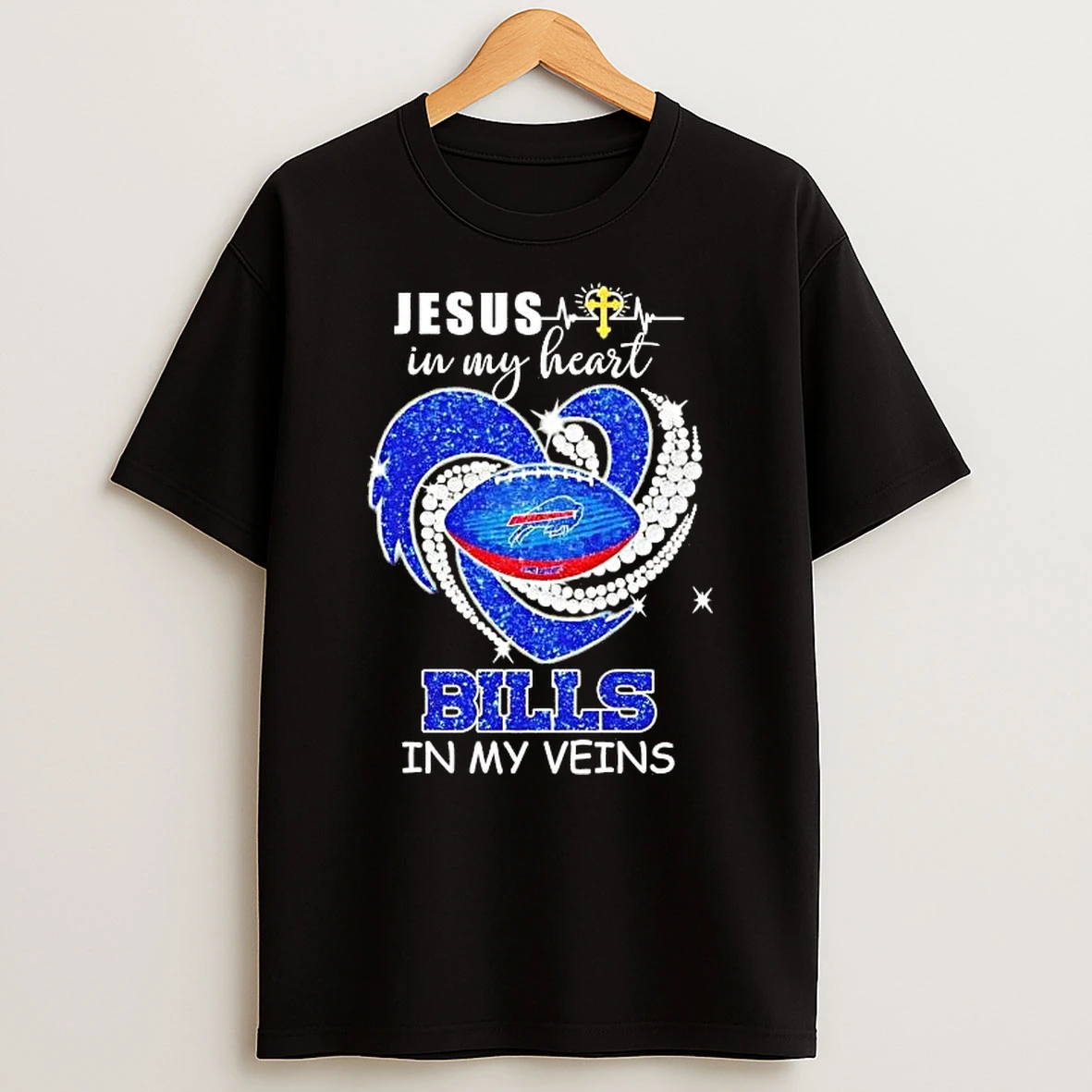 Jesus In My Heart Buffalo Bills In My Veins Diamond Heart Shirts