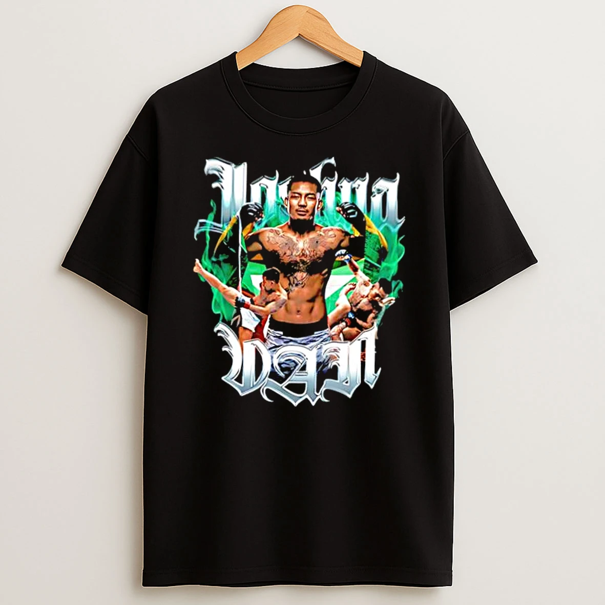 Joshua Van Flexing Portrait Green Smoke Flame Tattoos Background Engage Combat Sports Shirts