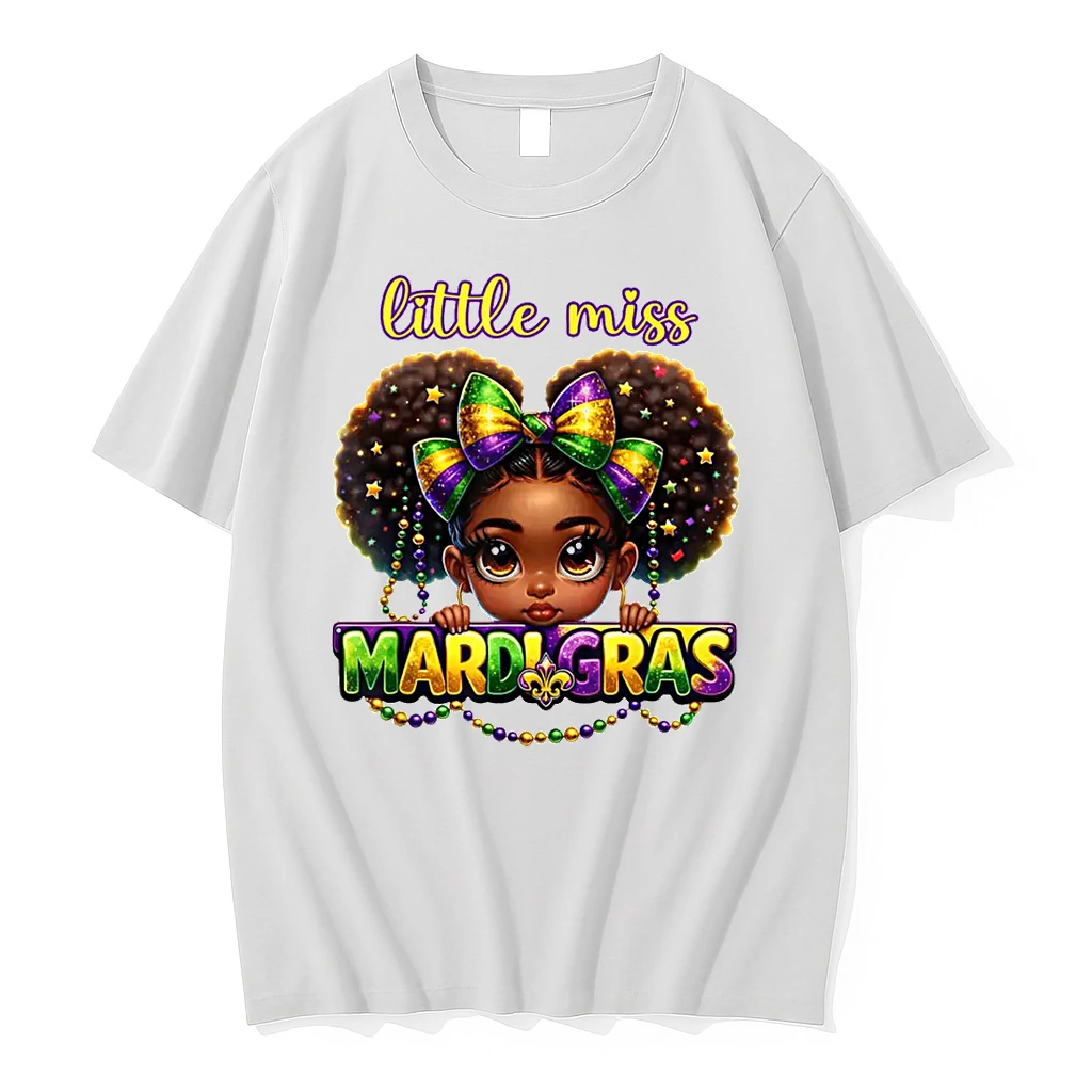 Little Miss Mardi Gras Messy Bun Girls Shirts