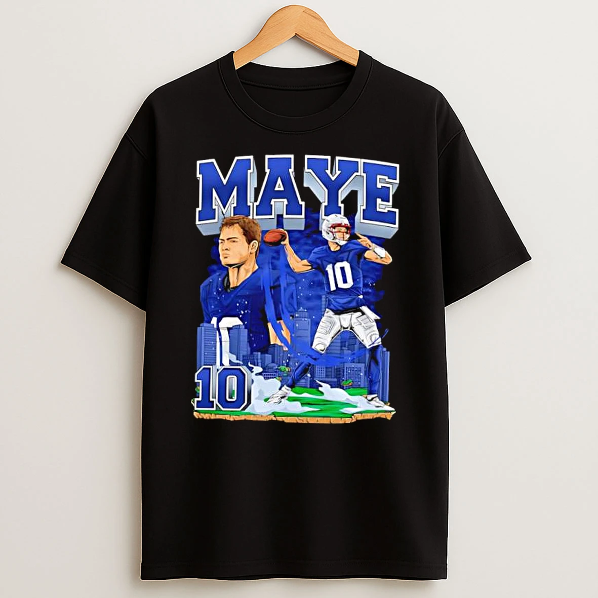 Maye Number 10 Quarterback Football Player City Skyline Illustration Shirts