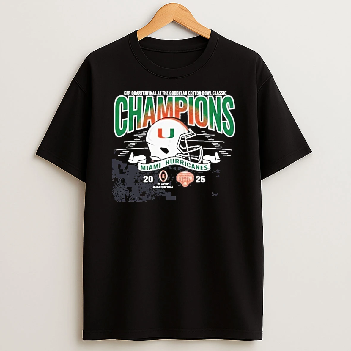 Miami Hurricanes 2025 Cfp Goodyear Cotton Bowl Champions Helmet Shirts