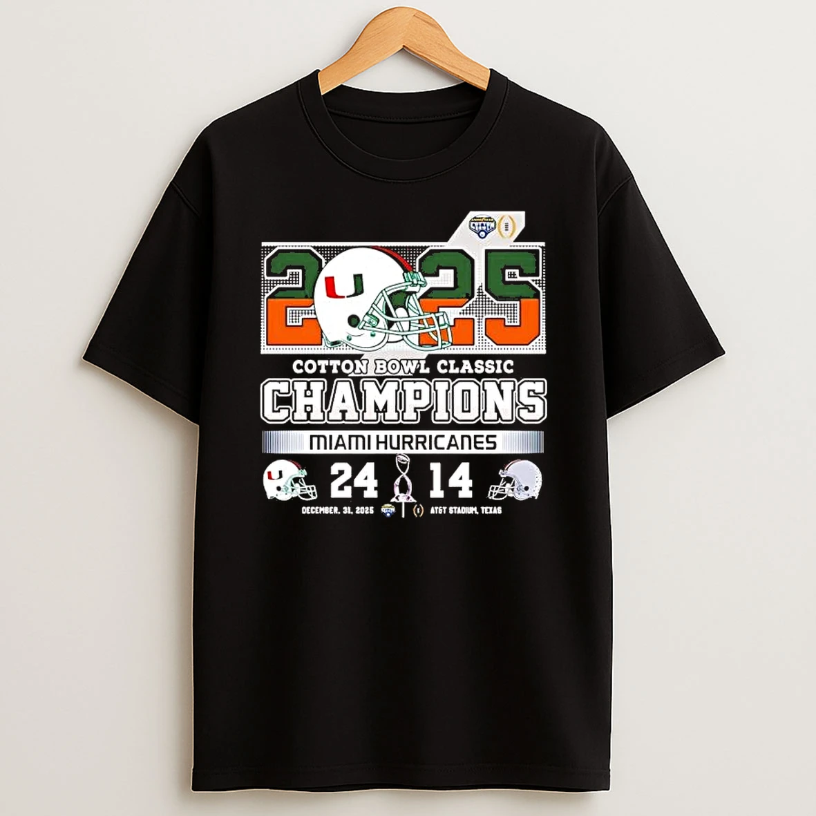 Miami Hurricanes 2025 Cotton Bowl Classic Champions Helmet Score Shirts