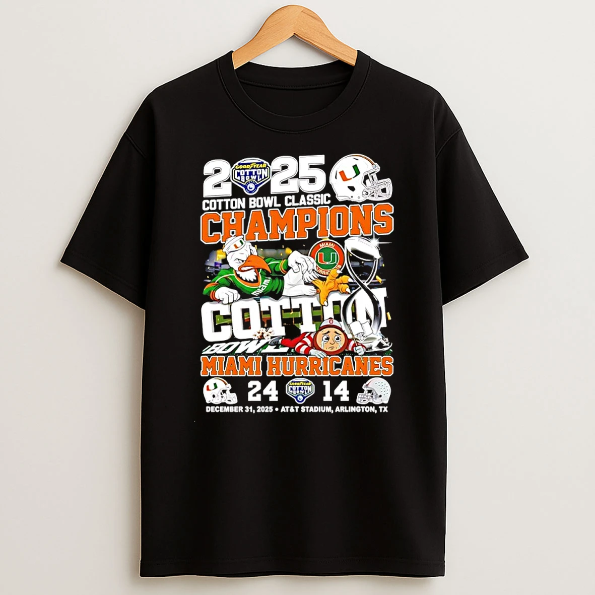 Miami Hurricanes 2025 Cotton Bowl Classic Mascot Helmet Trophy Shirts