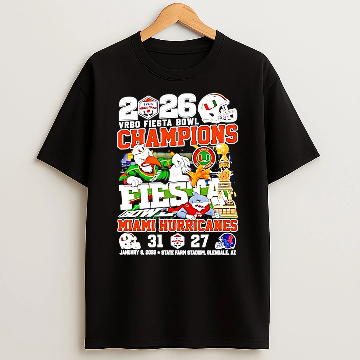 Miami Hurricanes 2026 Cfp Vrbo Fiesta Bowl Champions 31 27 Score Mascot Shirts