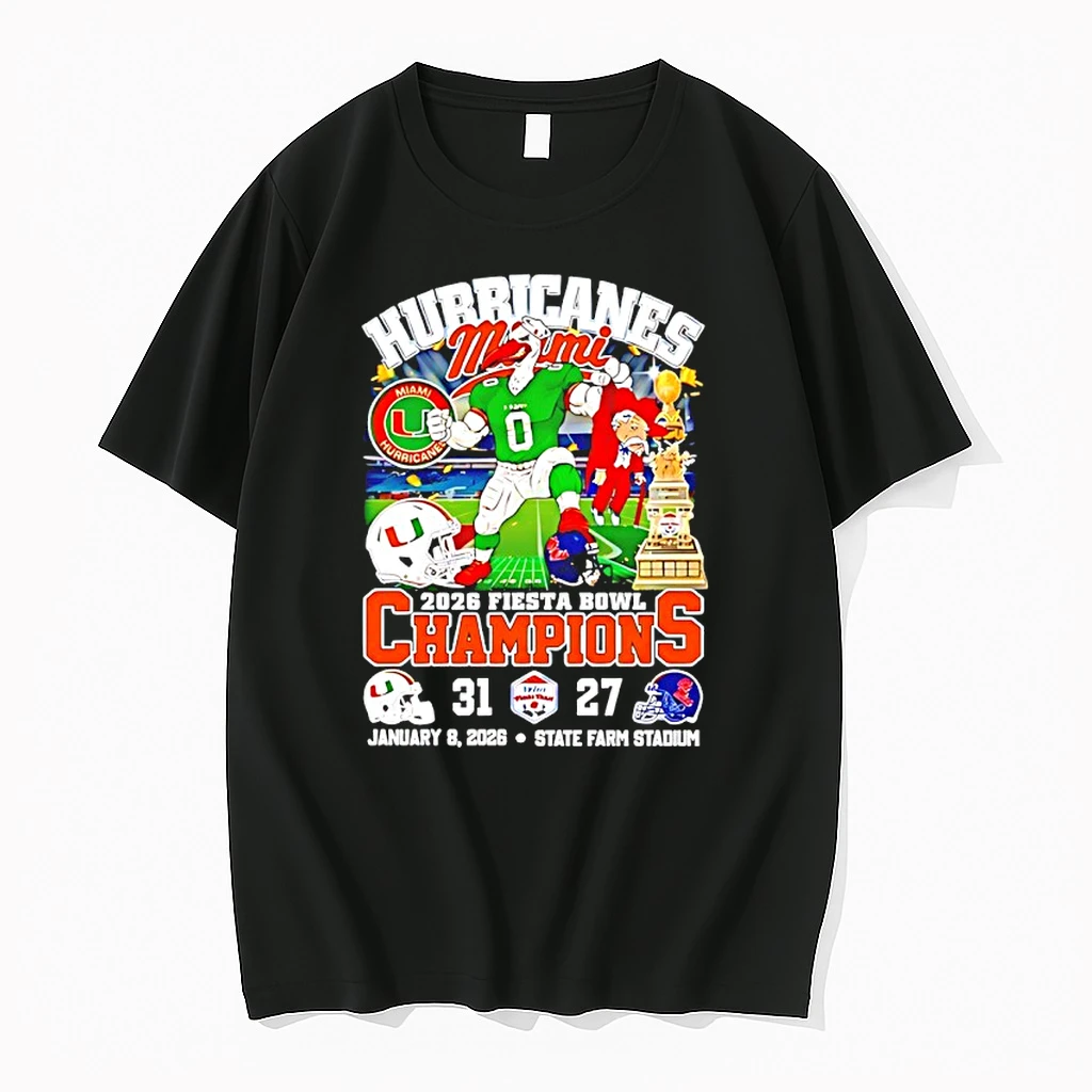 Miami Hurricanes 2026 Cfp Vrbo Fiesta Bowl Champions Beat Ole Miss 31 27 Score Mascot Shirts