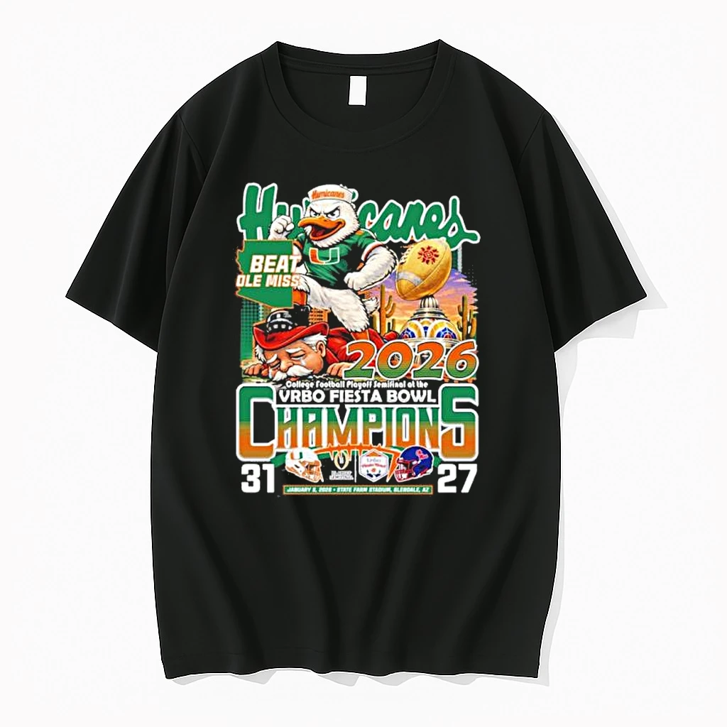Miami Hurricanes Mascot Fiesta Bowl 2026 Champions Score Shirts