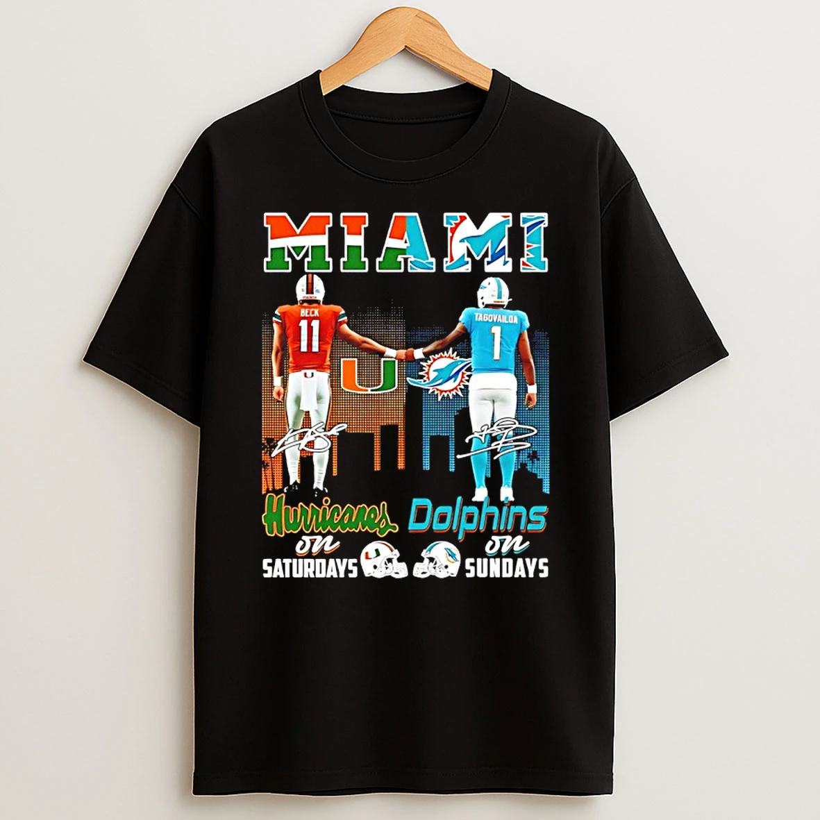 Miami Hurricanes On Saturdays And Miami Dolphins On Sunday City Skyline Signatures Shirts