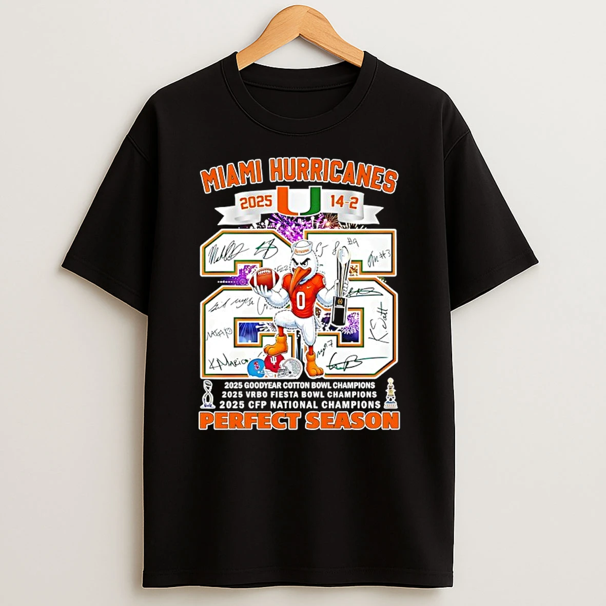 Miami Hurricanes Undefeated 14 2 Perfect Season 2025 Mascot Signatures Shirts