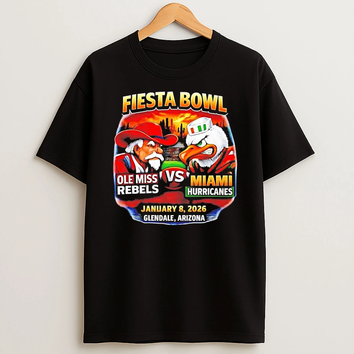 Miami Hurricanes Vs Ole Miss Rebels 2026 Vrbo Fiesta Bowl Mascot Head To Head Shirts
