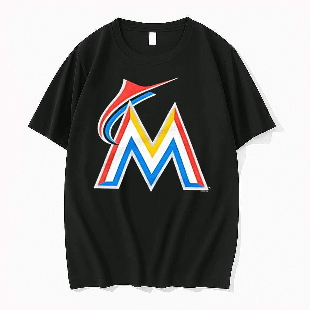 Miami Marlins Logo Stylized Metallic Letter M With Red Blue Yellow Stripes Shirts