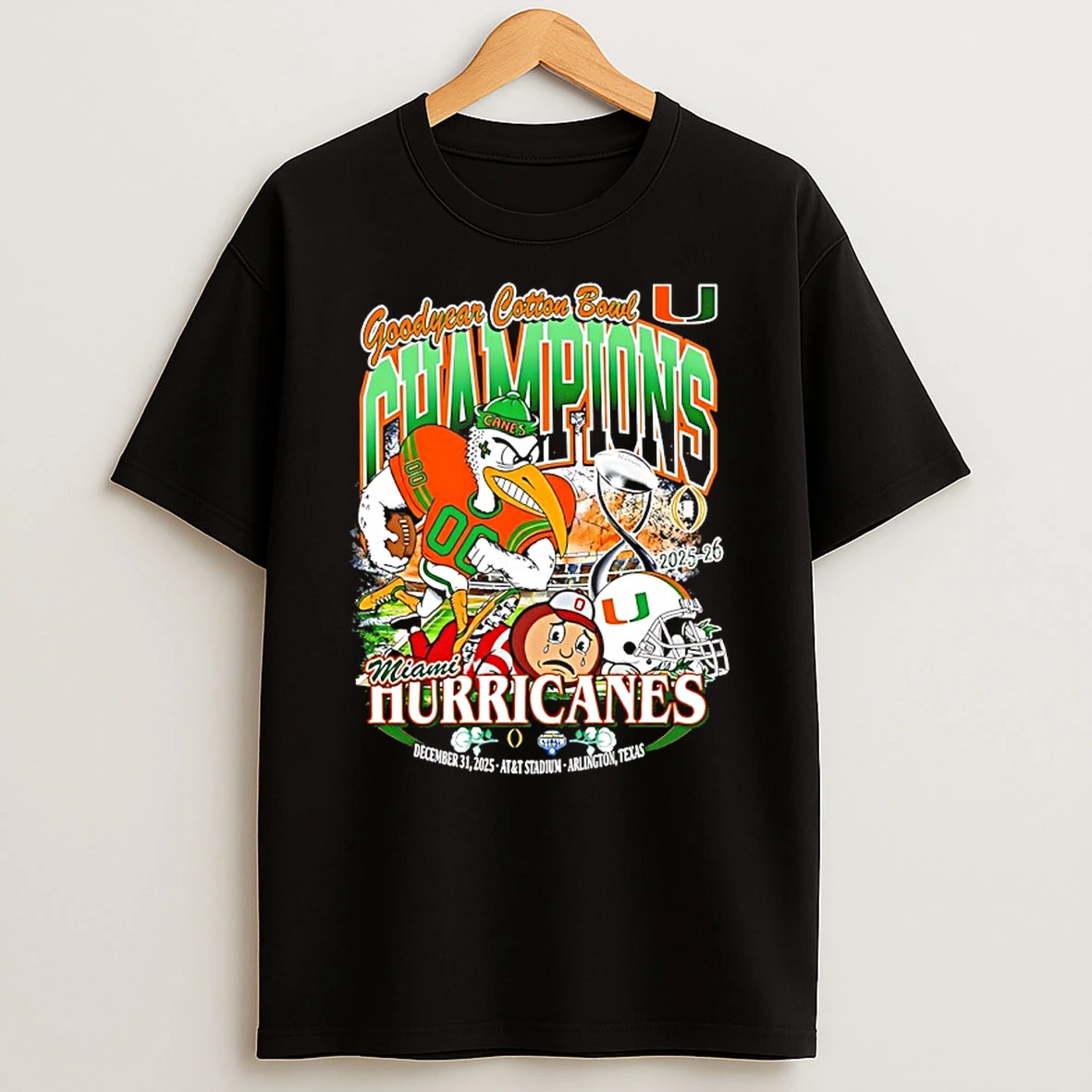Miami Beat Ohio State 2025 26 Goodyear Cotton Bowl Champions Mascot Shirts