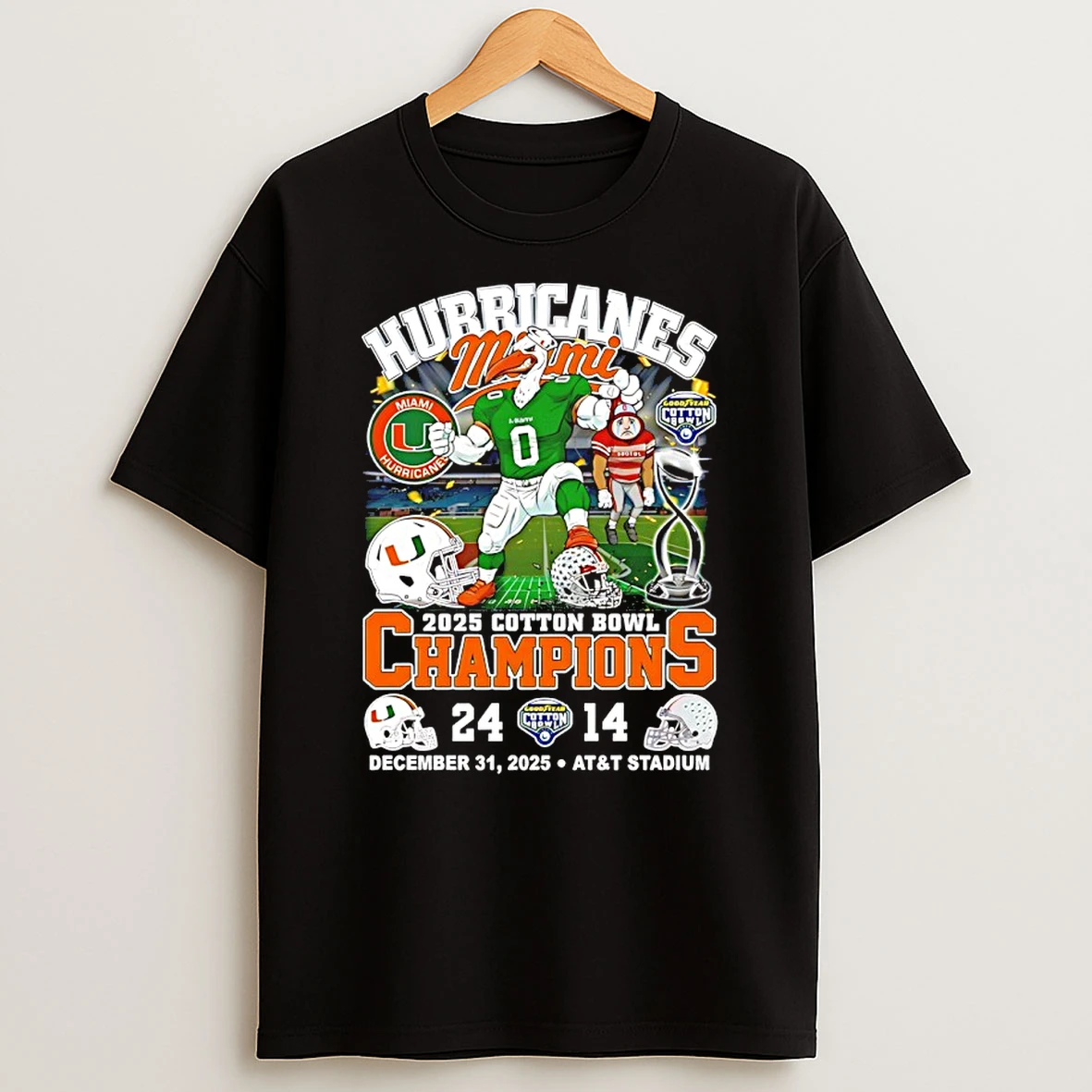 Miami Beat Ohio State 24 14 Win 2025 Cotton Bowl Classic Mascot Shirts