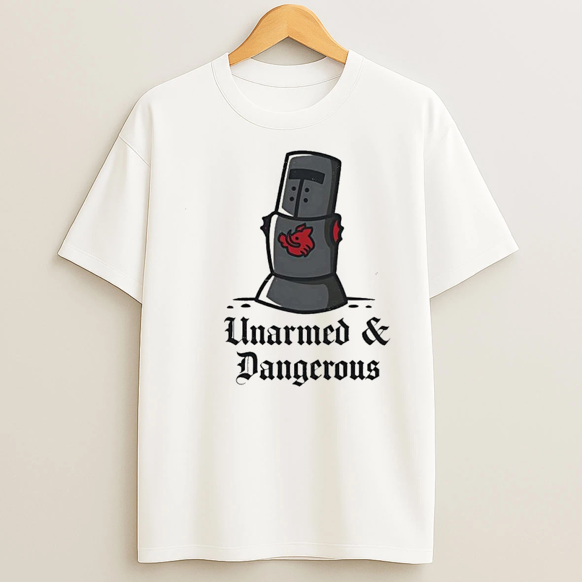 Monty Python Black Knight Missing Arms Medieval Armor Movie Quote Illustration Unarmed And Dangerous Graphic Shirts