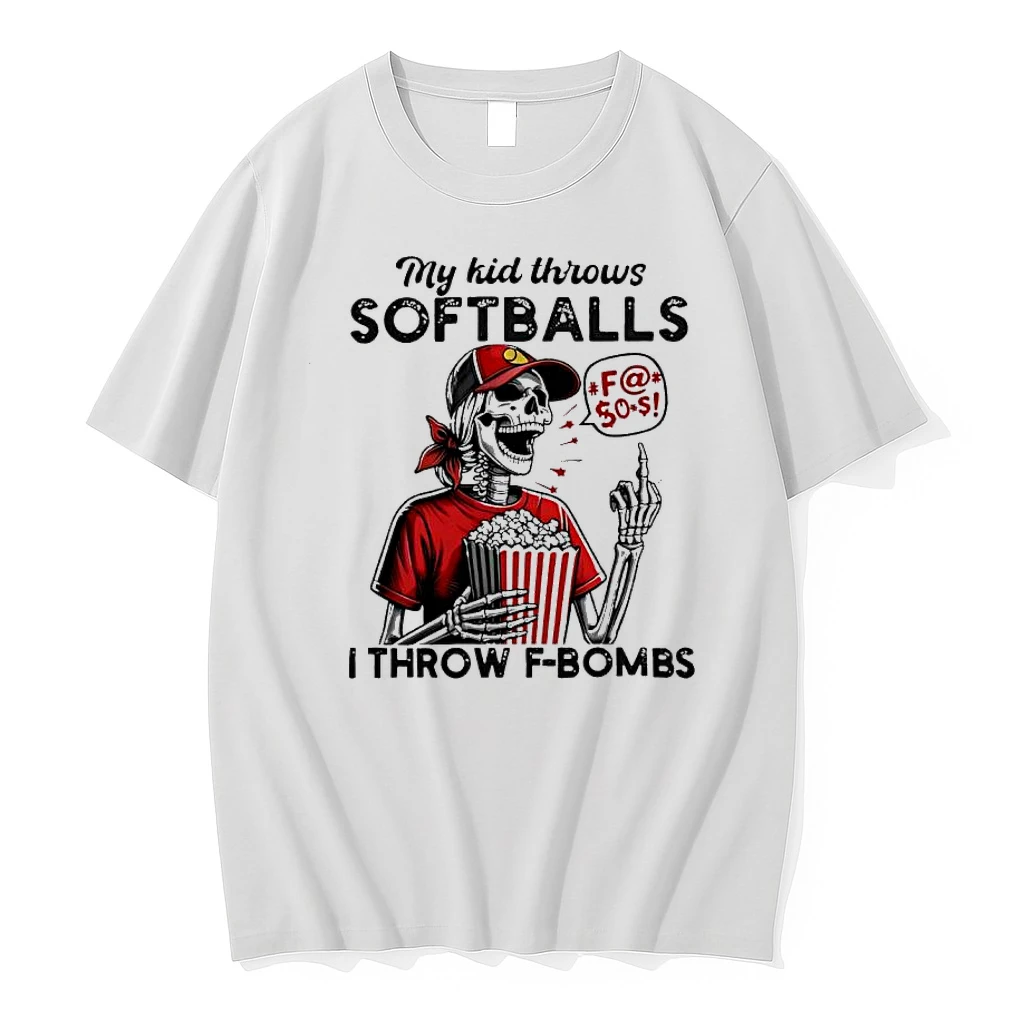 My Kid Throws Softballs Skeleton Red Hat Popcorn Speech Bubble I Throw F Bombs Shirts