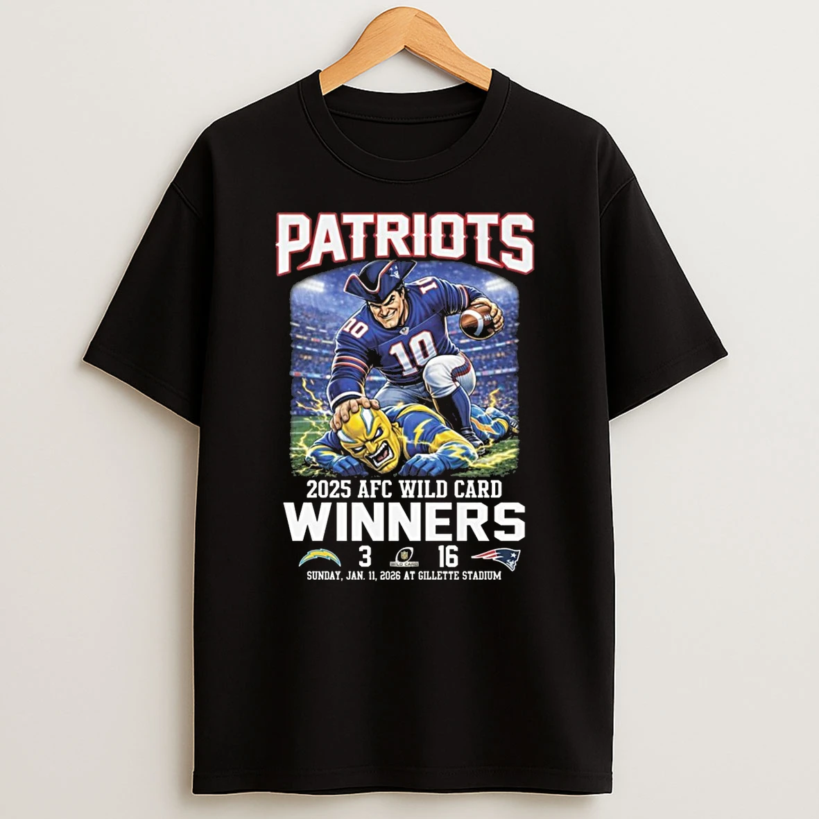 New England Patriots 2025 Afc Wild Card Winners Score 16 3 Los Angeles Chargers Mascot Jan 11 2026 Shirts