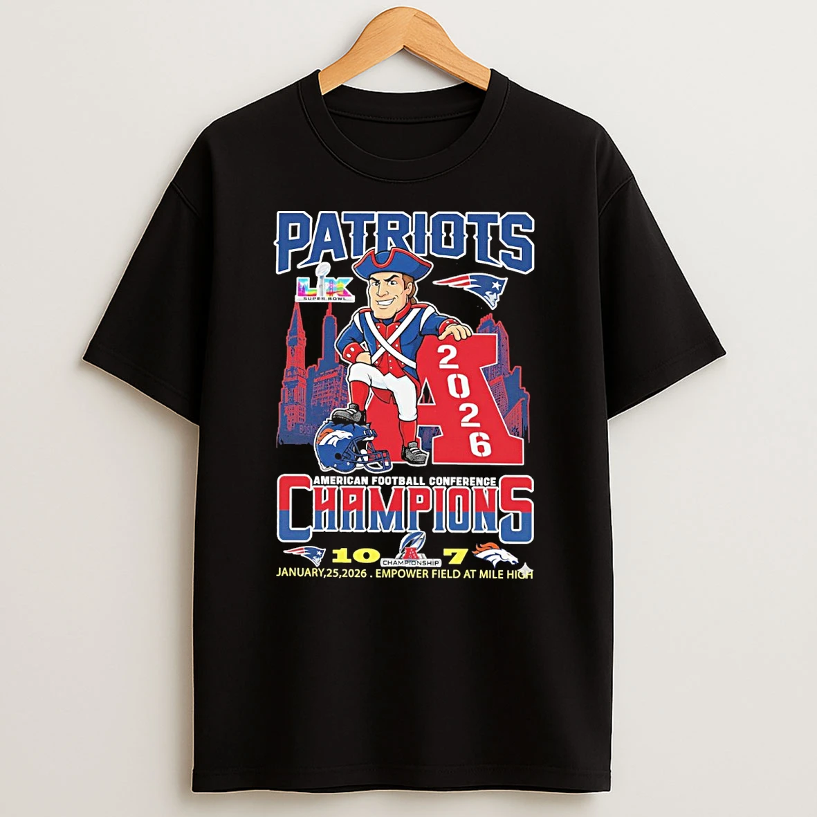 New England Patriots Afc Champions 2025 Patriots 10 Broncos 7 Mascot Shirts
