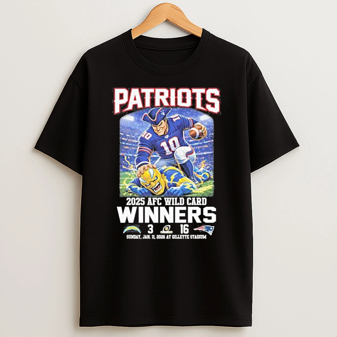 New England Patriots Mascot Beat Chargers 2026 Afc Wild Card Winners Score Shirts