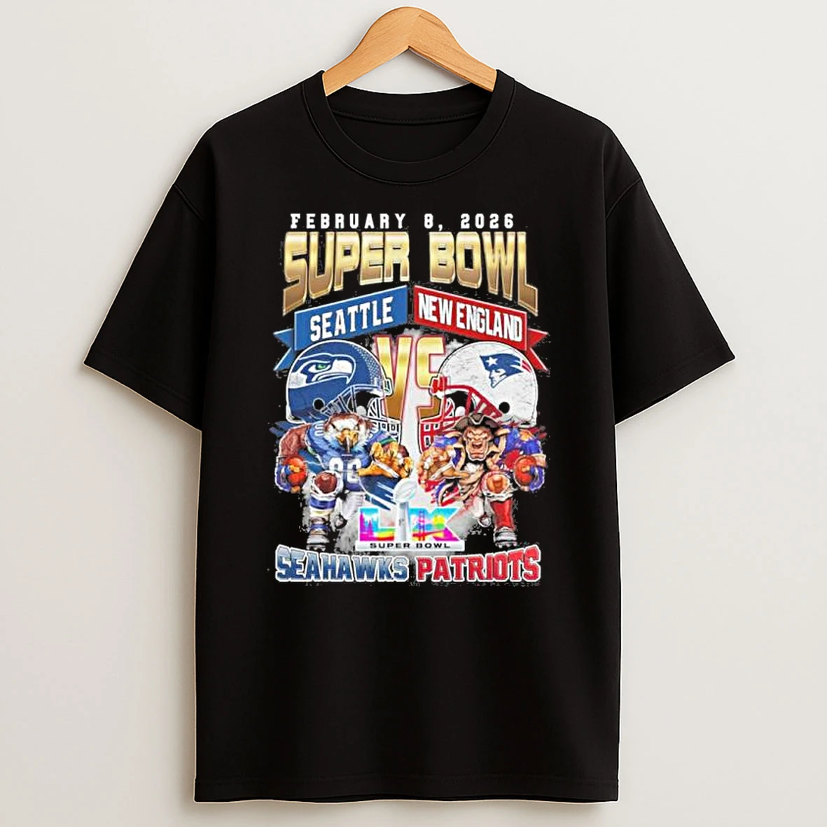 New England Patriots Vs Seattle Seahawks Super Bowl Lx Matchup Mascots Shirts