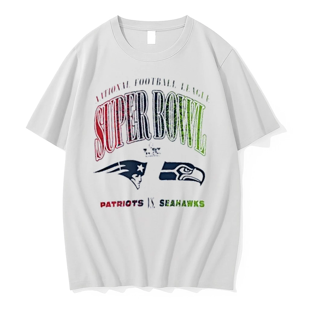 New England Patriots Vs Seattle Seahawks Wear By Erin Andrews White Super Bowl Lx Matchup Shirts