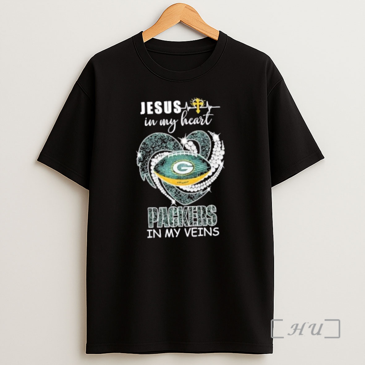 Officials Jesus In My Heart Green Bay Packers In My Veins Diamond Heart Shirt Sweatshirt Tee