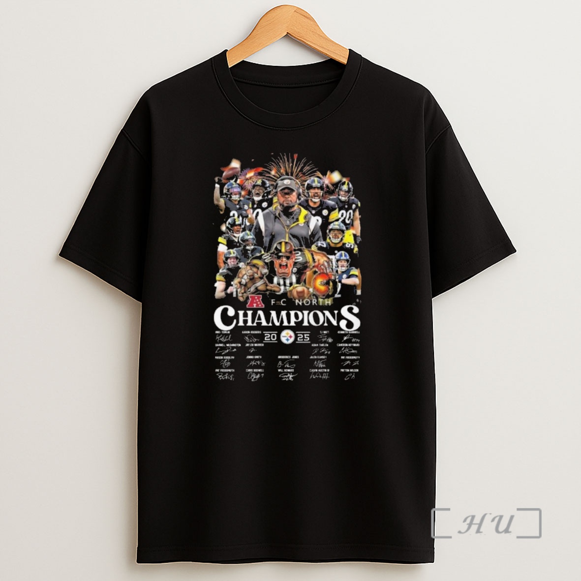 Officials Pittsburgh Steelers Afc North Champions 2025 Players Signatures Fireworks Shirt Sweatshirt Tee